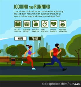 Infographic set with runners and training elements. Fitness man and woman. Outdoor exercises, jogging and running. Vector illustration with place for your text. Infographic set with runners and training elements. Vector fitness man and woman