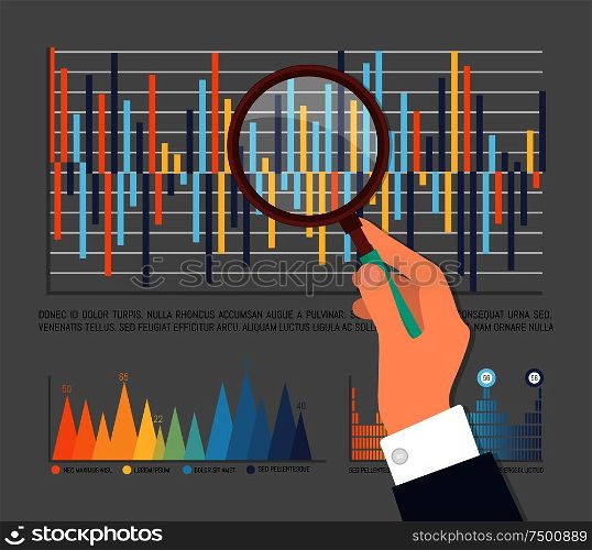 Infographic statistics investigation by worker vector. Magnifying glass, infocharts analyzed data, numeric info, researching of flowcharts schemes. Infographic Statistics Investigation by Worker