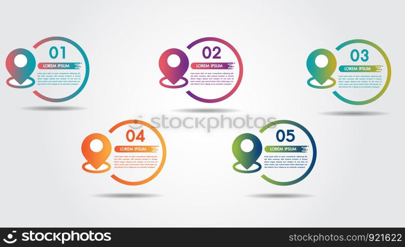 Infographic step 5 process flow pointer road design template with colorful pin pointer and 5 numbers options. Can be used for process presentations, workflow layout, diagram, banner.