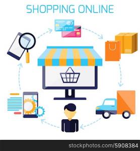 Infographic steps of sequence for shopping in internet market includes internet connection, searching, online payment, packaging, delivering order on white background in flat design