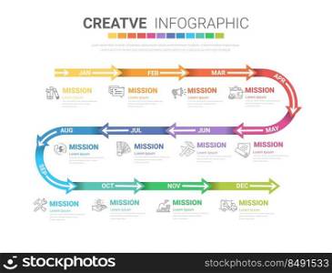 Infographic template for business. modern Timeline for 12 diagram calendar with arrows design, presentation vector.