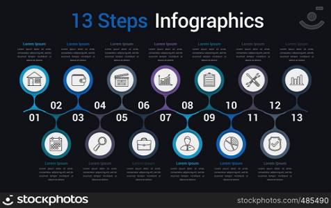 Infographic template with 13 spteps or options, business infographics, process, workflow diagram, vector eps10 illustration. Process Diagram Template