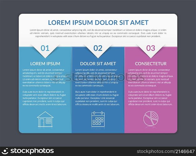 Infographic template with 3 elements for text and icons, can be used for web design, workflow layout, process chart, report, company milestones, vector eps10 illustration. Infographic Template with 3 Steps