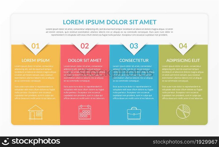 Infographic template with 4 elements for text and icons, can be used for web design, workflow layout, process chart, report, company milestones, vector eps10 illustration. Infographic Template with 4 Steps