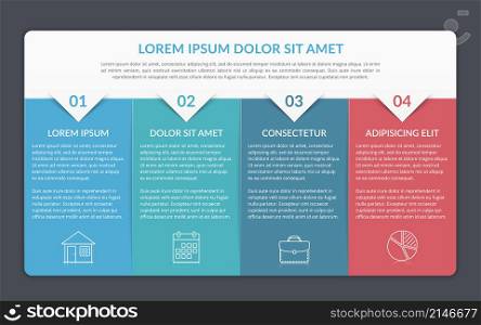 Infographic template with 4 elements for text and icons, can be used for web design, workflow layout, process chart, report, company milestones, vector eps10 illustration. Infographic Template with 4 Steps