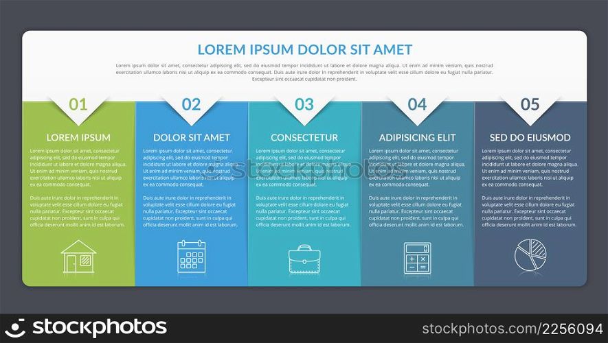 Infographic template with 5 elements for text and icons, can be used for web design, workflow layout, process chart, report, company milestones, vector eps10 illustration. Infographic Template with 5 Steps