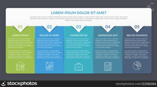 Infographic template with 5 elements for text and icons, can be used for web design, workflow layout, process chart, report, company milestones, vector eps10 illustration. Infographic Template with 5 Steps