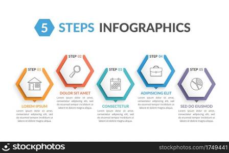 Infographic template with 5 hexagons with line icons, process chart, creative business infographics, vector eps10 illustration. 5 Steps Infographics