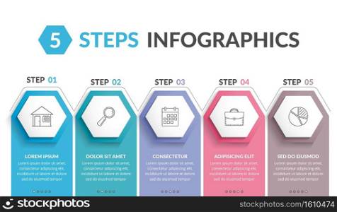 Infographic template with 5 hexagons with line icons, process chart, vector eps10 illustration. 5 Steps Infographics