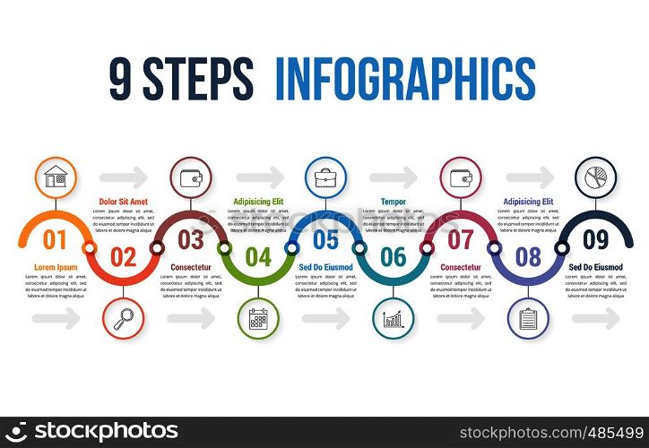 Infographic template with 9 steps or options, workflow, process diagram, vector eps10 illustration. 9 Steps Infographics