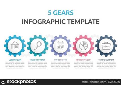 Infographic template with five gears with line icons, vector eps10 illustration. Infographic Template with Gears