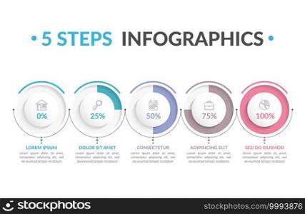 Infographic template with five round progress indicators, five steps infographics, workflow, process chart, vector eps10 illustration. 5 Steps Infographics