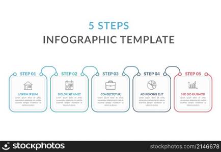 Infographic template with five squares with text and line icons, process diagram, workflow, five steps or options, vector eps10 illustration. Five Steps Infographic Template