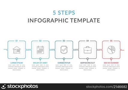 Infographic template with five squares with text and line icons, process diagram, workflow, five steps or options, vector eps10 illustration. Five Steps Infographic Template