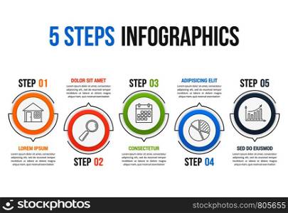 Infographic template with five steps in circles with line icons, process, workflow, options design, vector eps10 illustration. 5 Steps Infographics