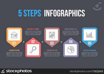 Infographic template with five steps with line icons, process, workflow, options design, dark background, vector eps10 illustration. 5 Steps Infographics