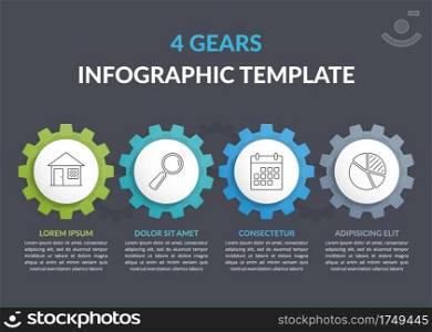 Infographic template with four gears with line icons, vector eps10 illustration. Infographic Template with Gear