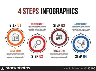 Infographic template with four steps in circles with line icons, process, workflow, options design, vector eps10 illustration. 4 Steps Infographics