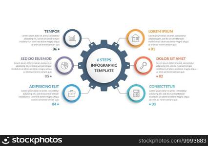 Infographic template with gear with six elements, steps or options, vector eps10 illustration. Infographic Template with Gear