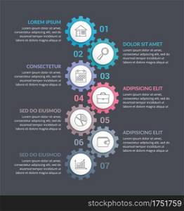 Infographic template with seven gears with line icons, vector eps10 illustration. Infographic Template with Gears