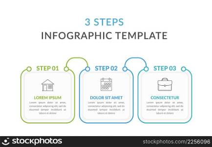 Infographic template with three squares with text and line icons, process diagram, workflow, three steps or options, vector eps10 illustration. Three Steps Infographic Template