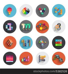 Infographic templates inside colorful circles. Set of flat icons with shadow for business / technology presentation / mobile app