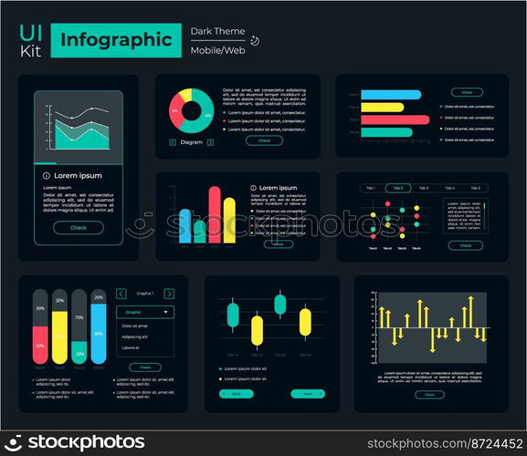Infographic tools UI elements kit. Data visualization isolated vector dashboard components. Flat interface buttons template. Web design widget collection for mobile application with dark theme. Infographic tools UI elements kit