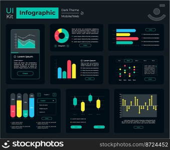 Infographic tools UI elements kit. Data visualization isolated vector dashboard components. Flat interface buttons template. Web design widget collection for mobile application with dark theme. Infographic tools UI elements kit