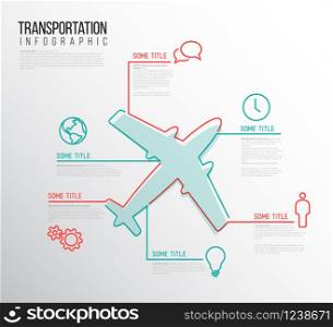 Infographic transport report template made from lines and icons with airplane - dual red and teal color version. Infographic transport report template