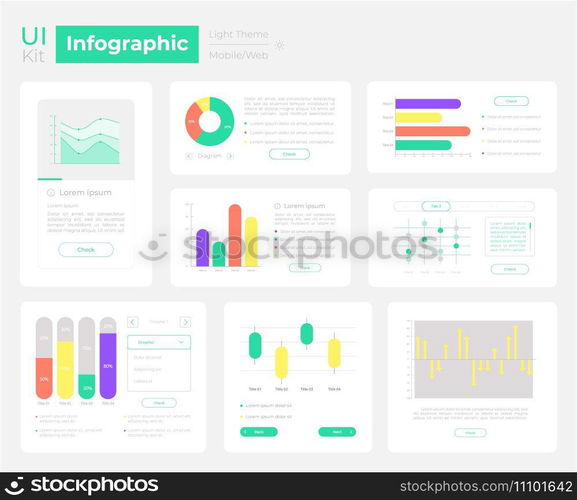 Infographic UI elements kit. Data visualization isolated vector dashboard components. Flat interface buttons template. Web design widget collection for mobile application with light theme. Infographic UI elements kit