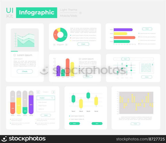 Infographic UI elements kit. Data visualization isolated vector dashboard components. Flat interface buttons template. Web design widget collection for mobile application with light theme. Infographic UI elements kit