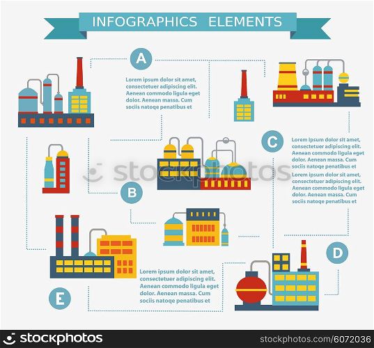 Infographic vector Set of industrial buildings. Boiler building. Power building. Warehouses building. Factories building. The substation building. Buildings urban industrial buildings.