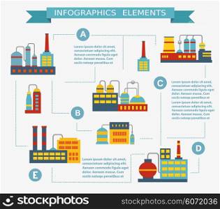 Infographic vector Set of industrial buildings. Boiler building. Power building. Warehouses building. Factories building. The substation building. Buildings urban industrial buildings.