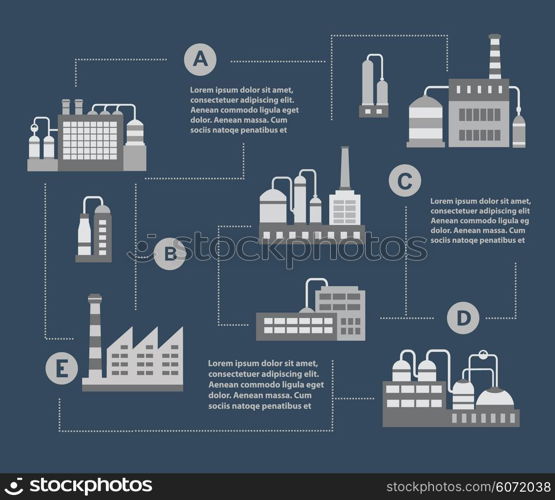 Infographic vector Set of industrial buildings. Boiler building. Power building. Warehouses building. Factories building. The substation building. Buildings urban industrial buildings.