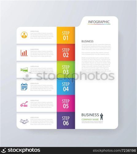 Infographic vertical 6 tab index design vector and marketing template business. Can be used for workflow layout, diagram, annual report, web design. Business concept with options, steps or processes.