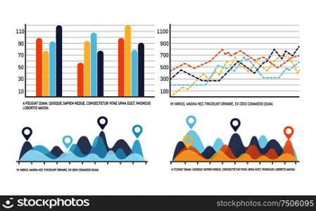 Infographic with curves, increasing data results vector. Flowcharts with numbers scales, location pointers circles. Graphs and schemes visual layout. Infographic with Curves, Increasing Data Results