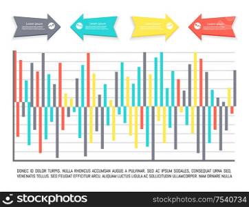 Infographic with explanatory text, arrowheads vector. Pointers graph with lines, diagram scheme, falling and rising flows on scales. Flowcharts info. Infographic with Explanatory Text and Arrowheads