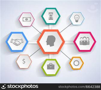 Infographic with icons in geometric frames, picture of man connected to image of handshake, briefcase and bulb by lines vector illustration. Infographic Icons in Frame Vector Illustration