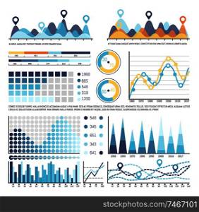 Infographic with timeline and numbers information vector. Schemes with percentage on pie diagram, charts with pointer and location signs, flowcharts. Infographic with Timeline and Numbers Information