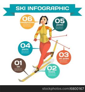 Infographic with woman cross-country skiing winter sports. Cartoon style vector illustration