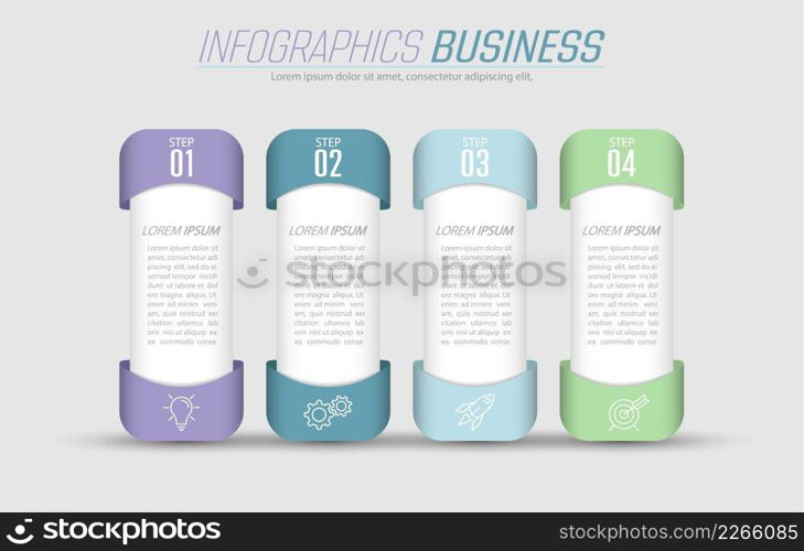 Infographics. 4 stages of development, marketing, workflow or plan. Business strategy with icons. Report and statistics diagram.