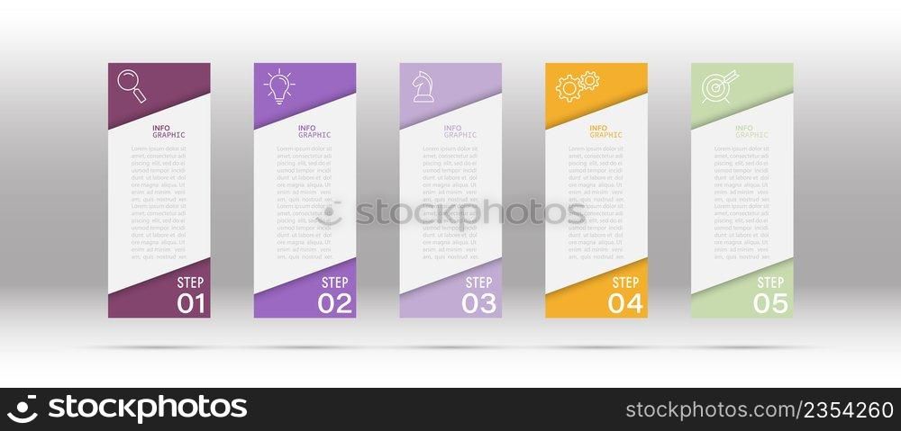 Infographics. 5 stages of achieving the result. Stages of development, development, training, marketing, planning or training. Business strategy with visual icons.