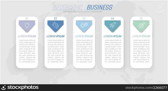 Infographics. 5 stages of development, marketing, workflow or plan. Business strategy with icons. Report and statistics diagram.