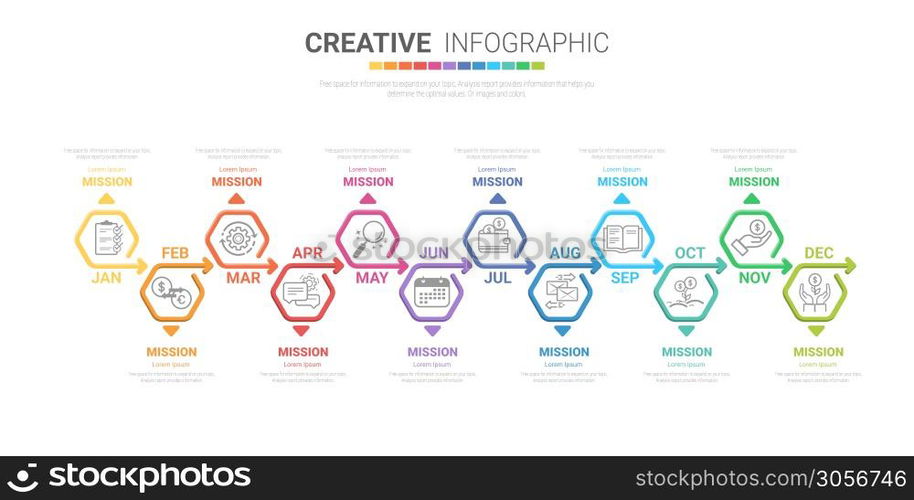 Infographics all month planner design and Presentation business can be used for Business concept with 12 options, steps or processes.