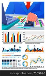 Infographics and businessman calculating info vector. Research analyzed information by businessman. Worker with calculator and laptop, accountant. Infographics and Business man Calculating Info