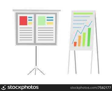 Infographics and charts showing info vector, isolated icons of whiteboards with visualized information. Presentation of business plan of company graphs. Infographics and Charts Showing Info, Whiteboards