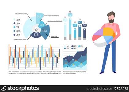 Infographics and charts vector. Businessman with pie diagram having colored sectors. Visualization of data, presentation of information in visual form. Pie Diagram in Hands of Man, Infographics Set