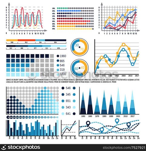 Infographics and charts with curves, data analysis vector. Scheme and pie diagrams with segments and visualization of information. Business concepts. Infographics and Charts with Curves, Data Analysis