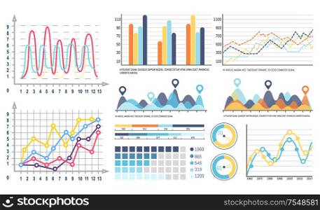 Infographics and curves pie diagrams with segments vector. Design of visualized data, visualization in flowcharts, graphs and schemes with scales. Infographics and Curves Pie Diagrams with Segments