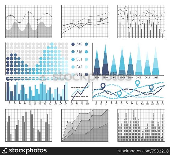 Infographics and diagnostics, charts and schemes vector. Visualized information in squared places, tables with data on project. Investigation results. Infographics and Diagnostics, Charts and Schemes